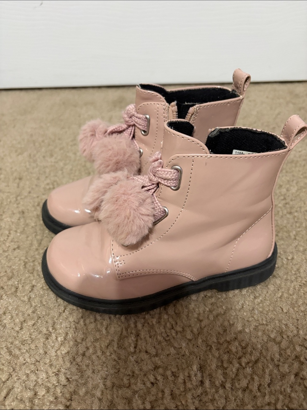 Kids Pink Pom Pom Lace-Up Boots
